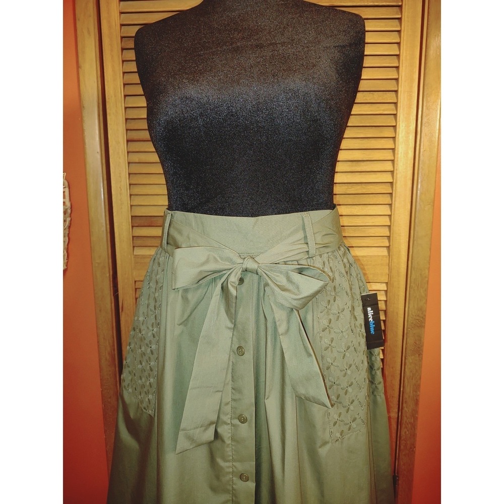 Olive Green Cotton Eyelet Maxi Skirt - Sheen Buttons Bow Tie Stretch Waist - M - Picture 5 of 13